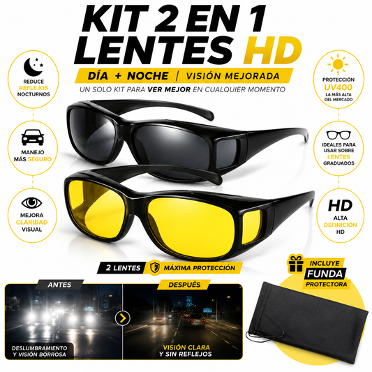 Kit 2 Gafas Conducción HD | Anti-Deslumbramiento Nocturno + Anti-Reflejo Diurno — Úsalas Sobre Tus Lentes