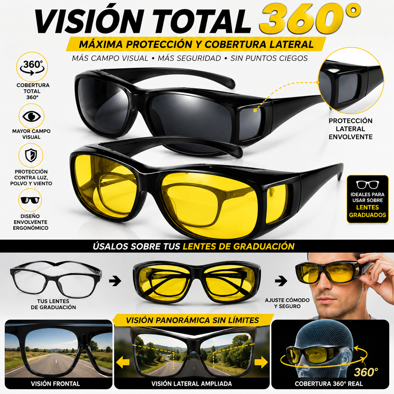 Kit 2 Gafas Conducción HD | Anti-Deslumbramiento Nocturno + Anti-Reflejo Diurno — Úsalas Sobre Tus Lentes