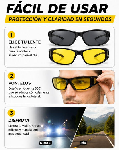 Kit 2 Gafas Conducción HD | Anti-Deslumbramiento Nocturno + Anti-Reflejo Diurno — Úsalas Sobre Tus Lentes